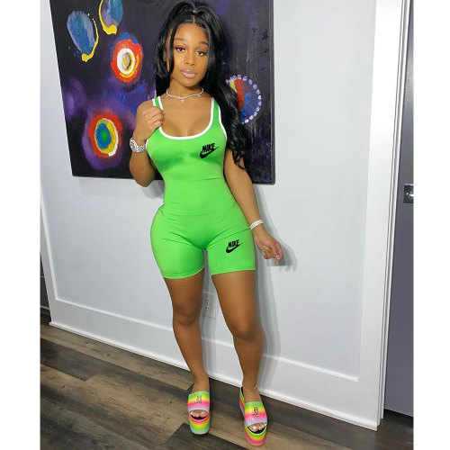 Green Women Sexy Printed Sports Hip Strap Onesie Bodysuit Romper
