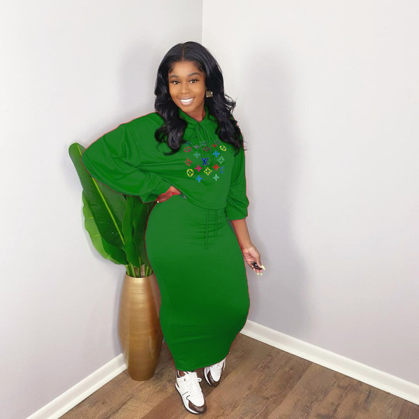 Green Solid Printed Hoodie Two Piece 2022 Women Fall Clothes Long Skirt Set