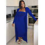 Blue Tube Top Printed Long Dress Cardigan Set