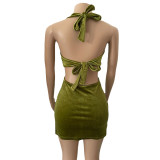 Grass Gold Velvet Hollow Halter Backless Sexy Mini Dress