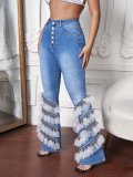 High Waist Button Fly Contrast Mesh Ruffle Trim Flare Leg Jeans