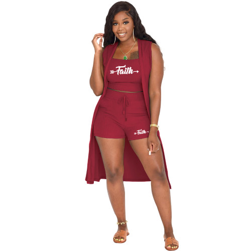 Wine Red Casual Three Piece Set Printed Pit Sleeveless Short Set with Cardigan