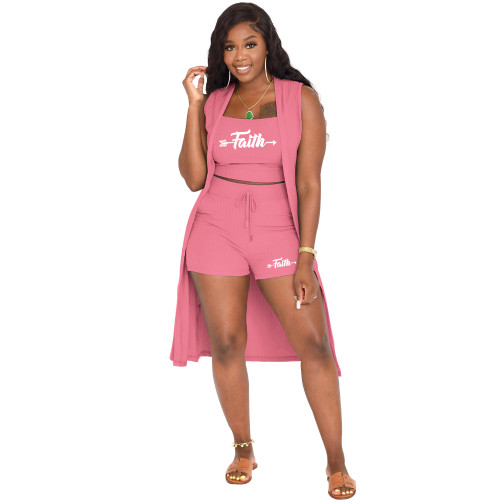 Pink Casual Three Piece Set Printed Pit Sleeveless Short Set with Cardigan