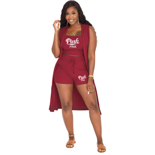 Wine Red Casual Sleeveless Printed Pit Short Set with Cardigan Three Piece Set