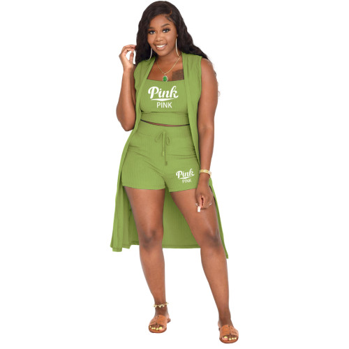 Green Casual Sleeveless Printed Pit Short Set with Cardigan Three Piece Set