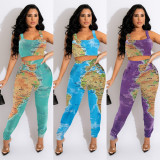 Fashion Sports Sleeveless Print Earth Pattern Pant Set