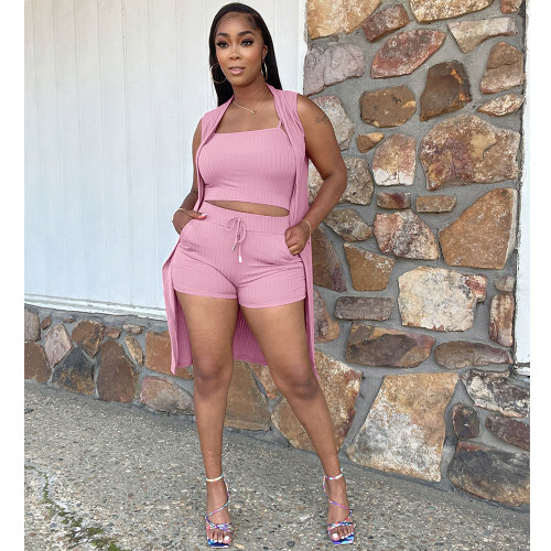 Pink Solid Pit Just Chill Vest, Top & Shorts 3-Piece Set