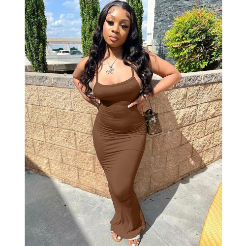 Brown Sexy Solid Backless Slit Spaghetti Strap Long Dress