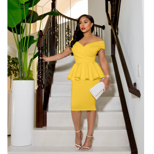 Yellow Casual Solid Split Joint Flounce V Neck Off Shoulder Dresses