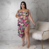 Plus Size Sexy Print Bandage Split Joint Slit Off the Shoulder Two Pieces Skirts Set