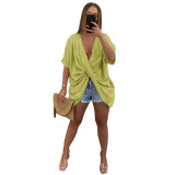 Chartreuse Solid Loose Birdy Cotton Wrinkled Twist Front V-neck Shirt