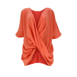 Orange Solid Loose Birdy Cotton Wrinkled Twist Front V-neck Shirt
