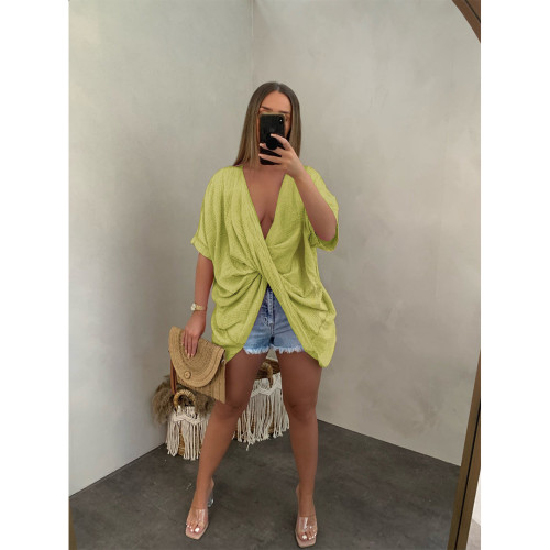 Chartreuse Solid Loose Birdy Cotton Wrinkled Twist Front V-neck Shirt