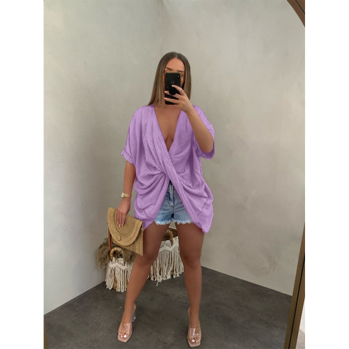 Purple Solid Loose Birdy Cotton Wrinkled Twist Front V-neck Shirt
