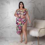 Plus Size Sexy Print Bandage Split Joint Slit Off the Shoulder Two Pieces Skirts Set