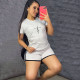 Grey Casual Print Split Joint O Neck Short Sleeve Sportswear Two Pieces