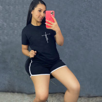 Black Casual Print Split Joint O Neck Short Sleeve Sportswear Two Pieces