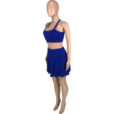 Royal Blue Solid Color Pit Tennis Vest Hakama Sports Two Piece Skirt Set