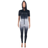 Solid Color Ladies 2 Pcs Hooded Bodycon Yoga Wear Clothing Two Piece Tracksuit Set