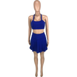 Royal Blue Solid Color Pit Tennis Vest Hakama Sports Two Piece Skirt Set