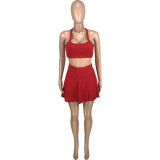 Red Solid Color Pit Tennis Vest Hakama Sports Two Piece Skirt Set