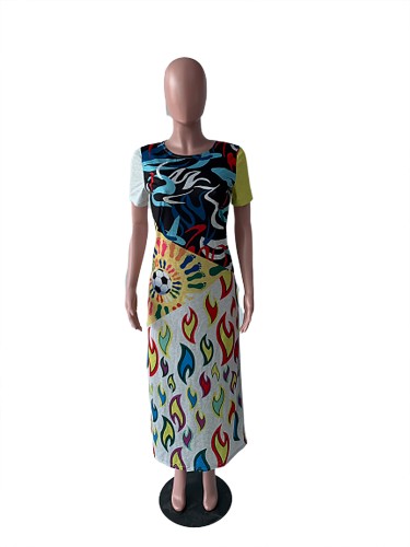 Fashion Print O Neck Asymmetric Patchwork Ankle Length Maxi Dress
