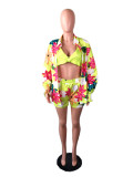3PCS Women Outfits Tropical Print Long Sleeve Shirt & Shorts Set with Crop Top