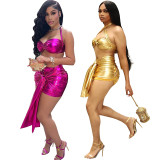 Gold Sexy Bandage Bronzing Leather Rich Wife Skirt Set