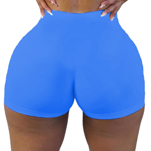 Blue Solid Color Ladies Skinny Low Waist Shorts Yoga Pants