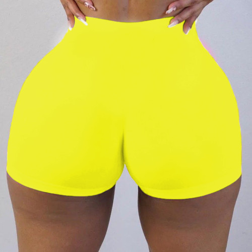 Yellow Solid Color Ladies Skinny Low Waist Shorts Yoga Pants