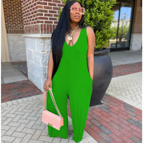 Green Deep V Neck Solid Sleeveless Loose Jumpsuit