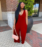 Wine Red Deep V Neck Solid Sleeveless Loose Jumpsuit