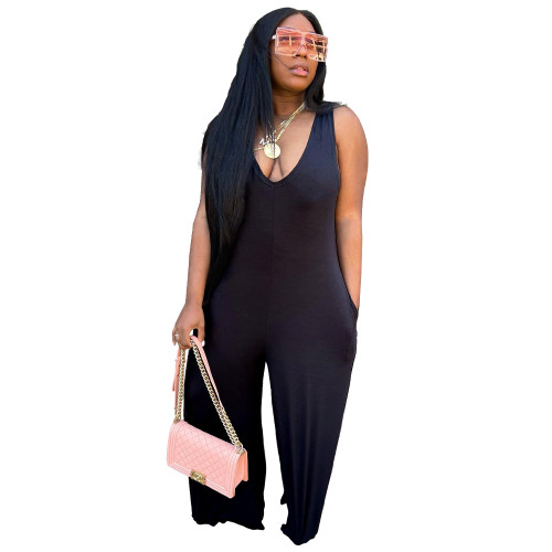 Black Deep V Neck Solid Sleeveless Loose Jumpsuit