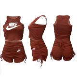 Brown Ladies Pyrography Shirring Tank Top Shorts Casual Two Piece Set