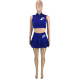 Casual Royal Blue Offset Print Zip Sports Tank Top Pleated Culottes Set