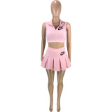 Casual Pink Offset Print Zip Sports Tank Top Pleated Culottes Set