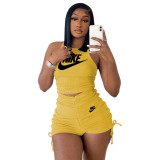 Yellow Ladies Pyrography Shirring Tank Top Shorts Casual Two Piece Set