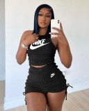 Black Ladies Pyrography Shirring Tank Top Shorts Casual Two Piece Set