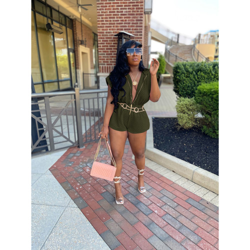 Army Green Argyle Check Solid Zipper Hoodie Short Bodysuits