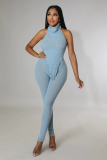 Light Blue Solid Color Pit Turtleneck Sexy Halter Backless Two Piece Outfits