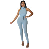 Light Blue Solid Color Pit Turtleneck Sexy Halter Backless Two Piece Outfits