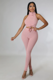 Pink Solid Color Pit Turtleneck Sexy Halter Backless Two Piece Outfits