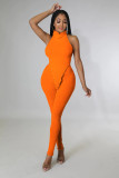 Orange Solid Color Pit Turtleneck Sexy Halter Backless Two Piece Outfits