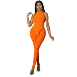 Orange Solid Color Pit Turtleneck Sexy Halter Backless Two Piece Outfits