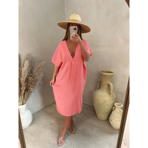 Pink Casual Loose Solid Pleated V Neck Midi Dress