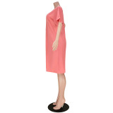 Pink Casual Loose Solid Pleated V Neck Midi Dress
