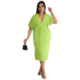 Kelly Casual Loose Solid Pleated V Neck Midi Dress