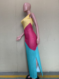 Sexy Color Block Sleeveless Print Split Maxi Dress