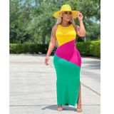 Sexy Color Block Sleeveless Print Split Maxi Dress