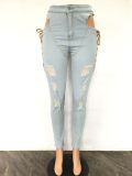Sexy Eyelet Lace-up Washed Ripped Casual Skinny Stretch Jeans